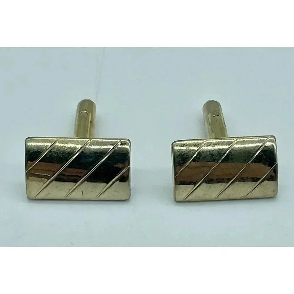 Vintage Cufflinks 50’s Style Rectangular Gold Tone‎ Finish With Diagonal Lines